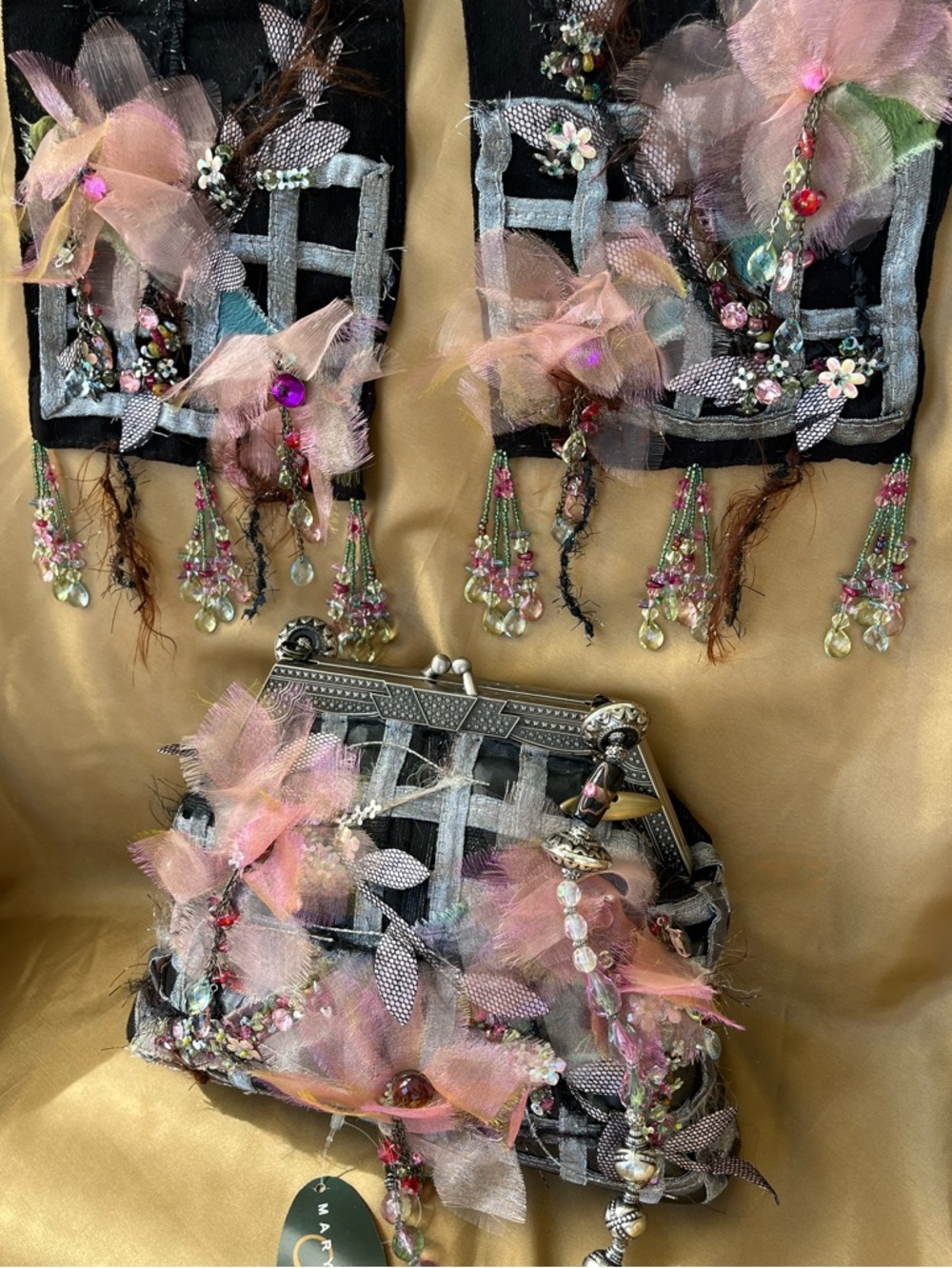 Mary Frances Silk Beaded Shoulder Bag w/ Matching Scarf & Dust Bag, Vintage NWT